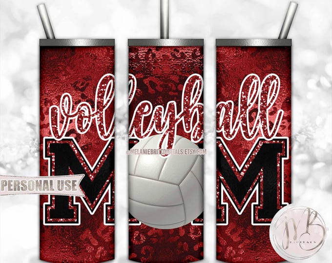 Maroon Volleyball Mom 20oz Skinny Tumbler Wrap Sublimation Design Download • Shiny Leopard Print Glitter Mom Gift • DIY Print & Press