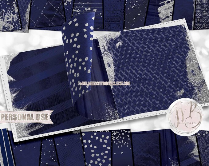 Sapphire Blue and Silver Glam Scrapbook Paper Download • Sparkling Glitter Shimmering Foil Design • Printable Paper Crafts 20 12x12 JPG PDF