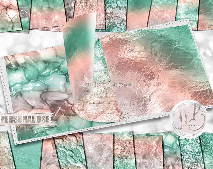 Sea Green and Peach Crystal Scrapbook Paper Download • Realistic Rock and Stone • Scrapbooking Printable