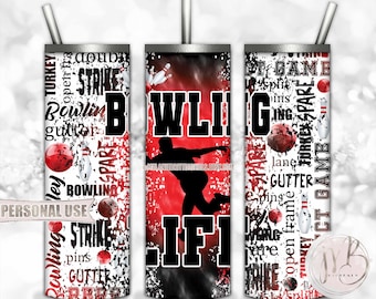 Boy Bowling Life 20oz Skinny Tumbler Wrap Sublimation Download • Red and Black Tie Dye Typography Bowler Gift • DIY Print and Press