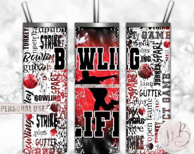 Boy Bowling Life 20oz Skinny Tumbler Wrap Sublimation Download • Red and Black Tie Dye Typography Bowler Gift • DIY Print and Press