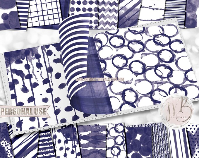 Navy Blue Watercolor Scrapbook Paper Download • Patterned Messy Paint Design • DIY Printable Paper Crafts 20 12x12 JPG & PDF