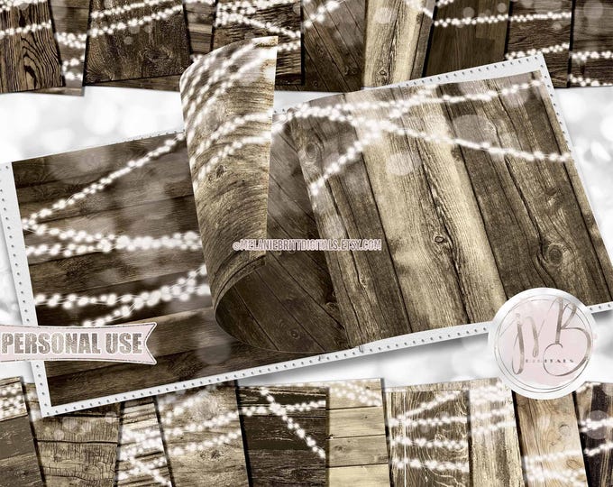 Rustic Wood and Lights Scrapbook Paper Download • Glowing Light Strings Distressed Dark Wood • Printable Paper Crafts 20 12x12 JPG PDF