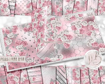 Pink and White Roses Scrapbook Paper Download • Silver Glitter Shimmering Foil Design • Printable Paper Crafts 20 12x12 JPG & PDF
