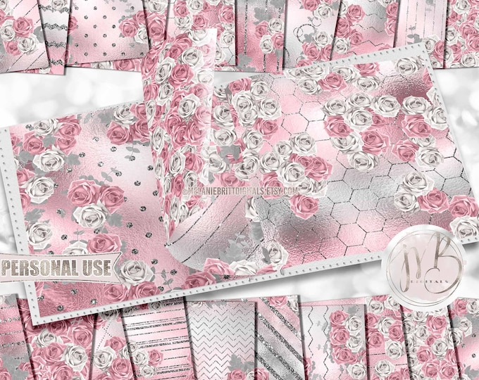 Pink and White Roses Scrapbook Paper Download • Silver Glitter Shimmering Foil Design • Printable Paper Crafts 20 12x12 JPG & PDF