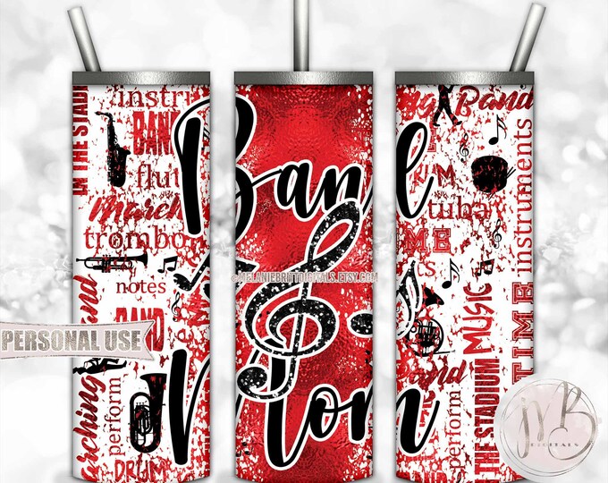 Red Band Mom 20oz Skinny Tumbler Wrap Sublimation Design • Music Instruments Typography Marching Band Mom Gift • DIY Print and Press