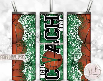 Green Basketball Coach 20oz Skinny Tumbler Wrap Sublimation Design Download • Lanyard Whistle "Best Coach Ever" Gift • DIY Print and Press