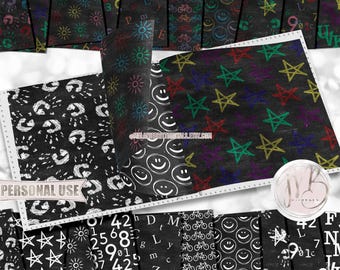 Preschool Chalkboard Doodles Scrapbook Paper Download • White and Colored Chalk School Blackboard • Printable Paper Crafts 20 12x12 JPG PDF