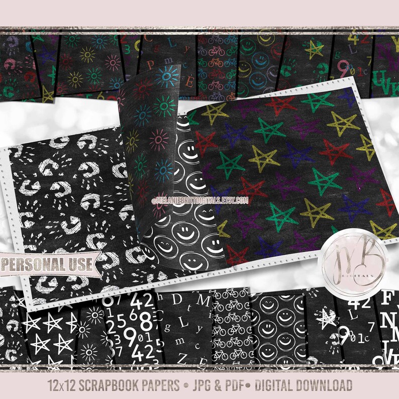 Preschool Chalkboard Doodles Scrapbook Paper Download White and Colored