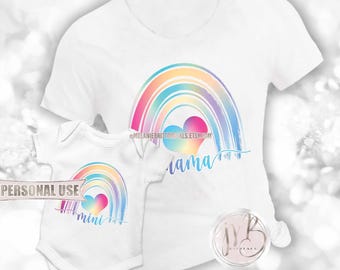 Mama and Mini Rainbow T-Shirt Set Sublimation Download • Boho Holographic Rainbow New Mom Baby Shower Gift • DIY Print and Press