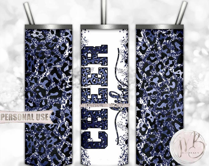 Navy Blue Cheer Life Glitter 20oz Skinny Tumbler Wrap Sublimation Design Download • Leopard Print Cheerleader Gift • DIY Print and Press