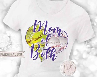 Purple Baseball and Softball Mom of Both Heart T-Shirt Sublimation Download • School Sports Ball Park Mom Gift • DIY Print and Press