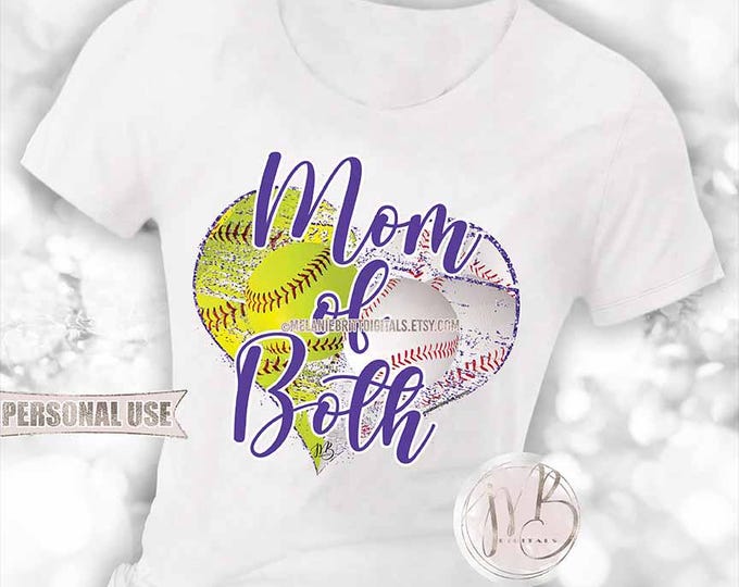 Purple Baseball and Softball Mom of Both Heart T-Shirt Sublimation Download • School Sports Ball Park Mom Gift • DIY Print and Press