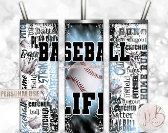Baseball Life 20oz Skinny Tumbler Wrap Sublimation Design Download • Light Blue and Black Tie Dye Baseball Gift • DIY Print and Press