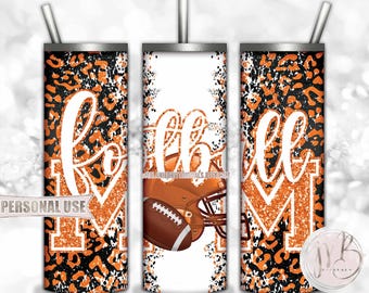 Orange Football Mom 20oz Skinny Tumbler Wrap Sublimation Design • Football Helmet Leopard Print Sports Mom Gift • DIY Print and Press