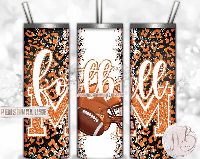 Orange Football Mom 20oz Skinny Tumbler Wrap Sublimation Design • Football Helmet Leopard Print Sports Mom Gift • DIY Print and Press