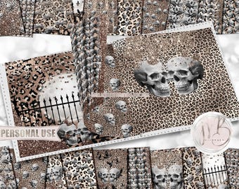 Glam Skulls and Leopard Print Scrapbook Paper Download • Gothic Halloween Sparkling Glitter • Printable Paper Crafts 20 12x12 JPG & PDF