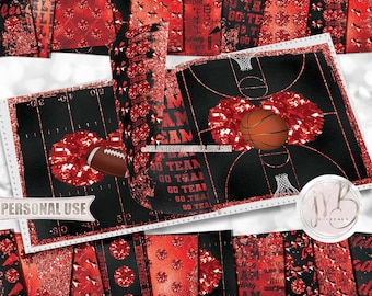 Red Glam Cheerleading Scrapbook Paper Download • Shiny Cheer Pom Poms Glitter and Foil Design • Printable Paper Crafts 20 12x12 JPG & PDF