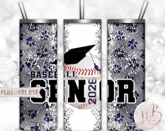 Navy and Silver Baseball Senior 2026 20oz Skinny Tumbler Wrap Sublimation Design • Paw Prints Baseball Graduation Gift • DIY Print and Press