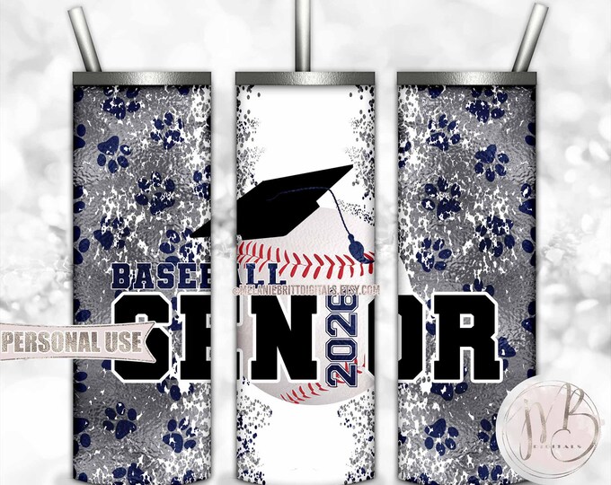 Navy and Silver Baseball Senior 2026 20oz Skinny Tumbler Wrap Sublimation Design • Paw Prints Baseball Graduation Gift • DIY Print and Press