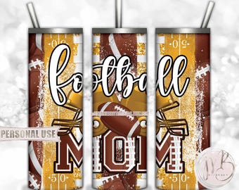 Football Mom 20oz Skinny Tumbler Wrap Sublimation Design Download • Athletic Gold Football Helmets and Brush Strokes • DIY Print & Press