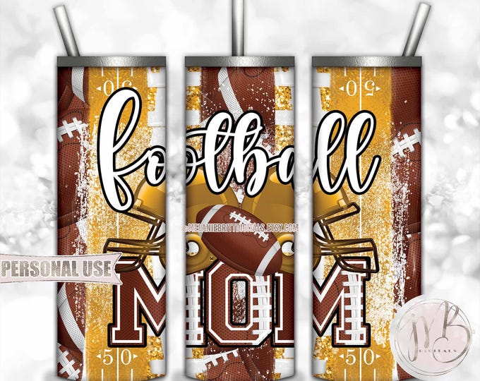 Football Mom 20oz Skinny Tumbler Wrap Sublimation Design Download • Athletic Gold Football Helmets and Brush Strokes • DIY Print & Press