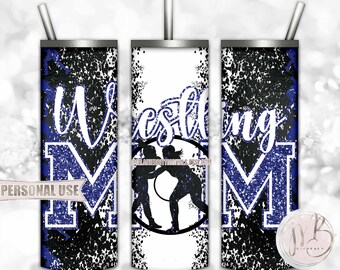 Blue Girl Wrestling Mom 20oz Skinny Tumbler Wrap Sublimation Download • Glitter Varsity Letters Girl Wrestlers Mom Gift • DIY Print & Press