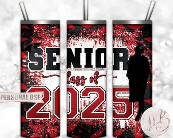 Red Graduation Senior 2025 20oz Skinny Tumbler Wrap Sublimation Design Download • Girl Graduate Graduation Cap Glitter • DIY Print and Press