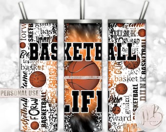Basketball Life 20oz Skinny Tumbler Wrap Sublimation Download • Orange and Black Tie Dye Typography Basketball Gift • DIY Print & Press