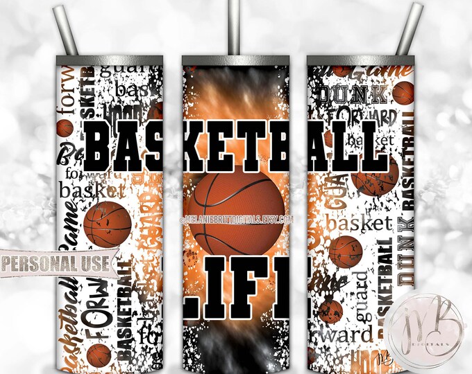 Basketball Life 20oz Skinny Tumbler Wrap Sublimation Download • Orange and Black Tie Dye Typography Basketball Gift • DIY Print & Press