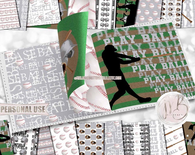 Silver Baseball Scrapbook Paper Download • Baseball Helmets Bat Mitt Field School Sports • DIY Scrapbooking Printable
