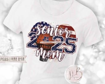 Patriotic Basketball 2025 Senior Mom Heart T-Shirt Sublimation Design • Senior Night Tee for Mom American USA Flag • DIY Print and Press