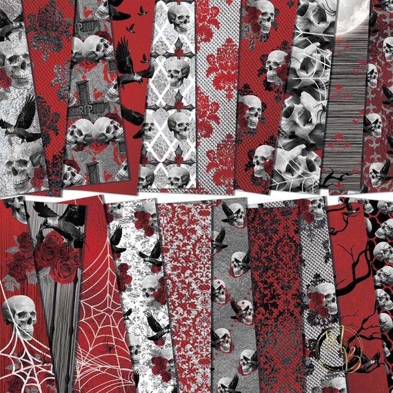 Red and Silver Gothic Scrapbook Paper Download Skull Design Raven Cross  Moon Spider Printable Paper Crafts 20 12x12 JPG 