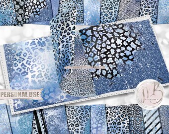 Winter Blues Glam Leopard Scrapbook Paper Download • Glitter and Shimmering Foil Leopard Print • Printable Paper Crafts 20 12x12 JPG & PDF