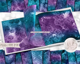 Lavender and Turquoise Rose Watercolor Scrapbook Paper Download • Painted Roses Floral Design • Printable Paper Crafts 20 12x12 JPG & PDF