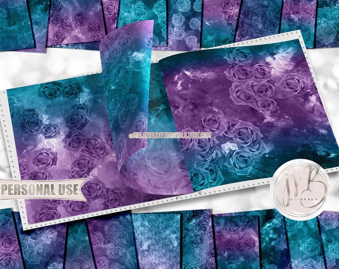 Lavender and Turquoise Rose Watercolor Scrapbook Paper Download • Painted Roses Floral Design • Printable Paper Crafts 20 12x12 JPG & PDF
