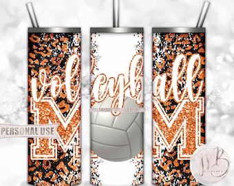 Orange Volleyball Mom 20oz Skinny Tumbler Wrap Sublimation Design • Leopard Print and Glitter Varsity Letters Mom Gift • DIY Print & Press