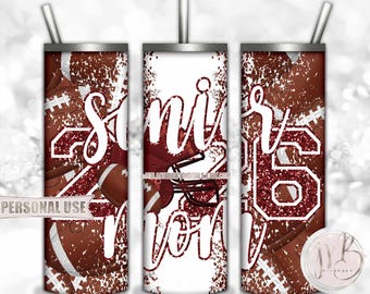 Maroon Football Senior 2026 Mom 20oz Skinny Tumbler Wrap Sublimation Design • Football Helmet Glitter Sports Mom Gift • DIY Print & Press