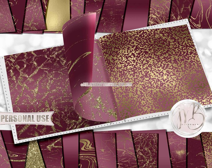 Sangria Red Serene Scrapbook Paper Download • Crackle Design Gold Glitter and Foil • DIY Printable Paper Crafts 25 12x12 JPG & PDF