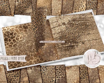 Distressed Leopard Print Scrapbook Paper Download • Golden Brown Glitter and Foil Design • DIY Printable Paper Crafts 20 12x12 JPG & PDF