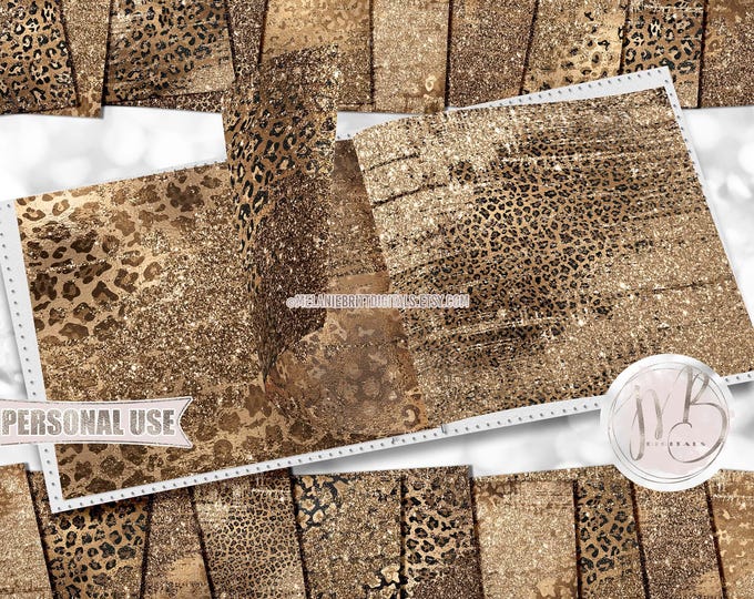 Distressed Leopard Print Scrapbook Paper Download • Golden Brown Glitter and Foil Design • DIY Printable Paper Crafts 20 12x12 JPG & PDF