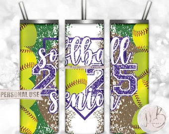 Purple Glitter Softball Senior 2025 20oz Skinny Tumbler Wrap Sublimation Design Download • Varsity Softball Grad Gift • DIY Print and Press