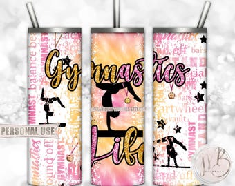 Glitter Gymnastics Life 20oz Skinny Tumbler Wrap Sublimation Download • Pink and Athletic Gold Tie Dye Gymnast Medals • DIY Print and Press