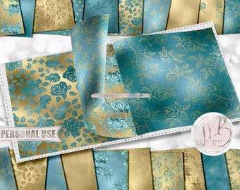 Caribbean Teal & Gold Floral Scrapbook Paper Download • Formal Shimmering Metallic Foil Design • DIY Printable Paper Crafts 20 12x12 JPG PDF