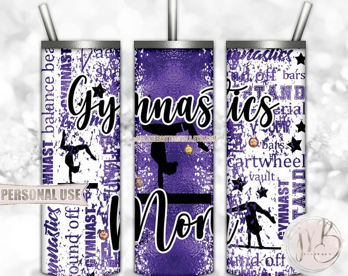 Purple Gymnastics Mom 20oz Skinny Tumbler Wrap Sublimation Design Download • Gymnast Medals Proud Gymnastics Mom Gift • DIY Print and Press