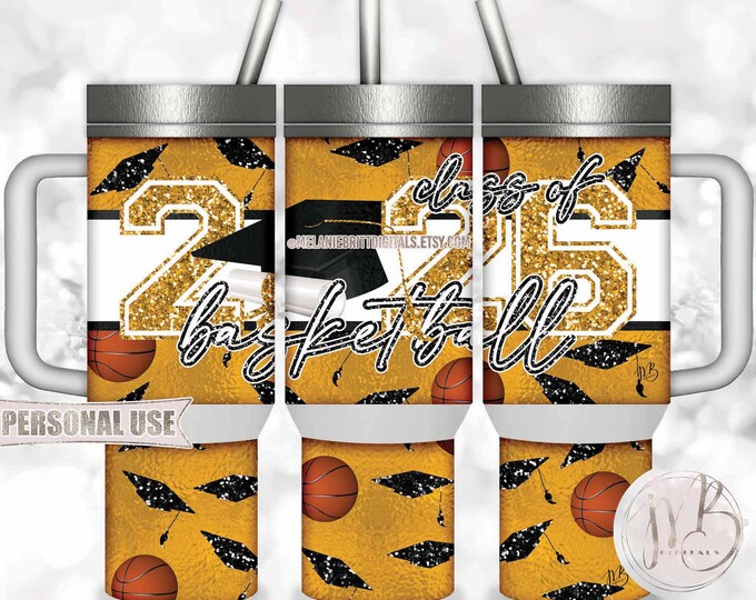 Basketball Class of 2026 Travel Tumbler Wrap Download • Athletic Gold and Black School Colors • Sublimation Print and Press