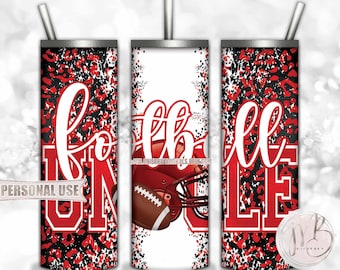 Red Football Uncle 20oz Skinny Tumbler Wrap Sublimation Design • Football Helmet Leopard Print Sports Uncle Gift • DIY Print & Press