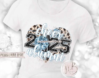 Light Blue Cheer Alumni 2025 Heart T-Shirt Sublimation Design • Pom Pom Megaphone Classic Leopard Glitter Graduate Gift • DIY Print & Press