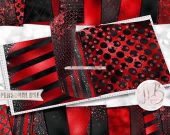 Red and Black Glam Scrapbook Paper Download • Sparkling Glitter and Shimmering Foil Design • Printable Paper Crafts 20 12x12 JPG & PDF