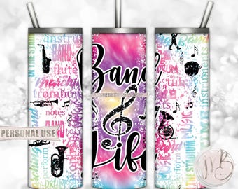 Band Life 20oz Skinny Tumbler Wrap Sublimation Design Download • Rainbow Tie Dye Typography Band Gift • DIY Print & Press
